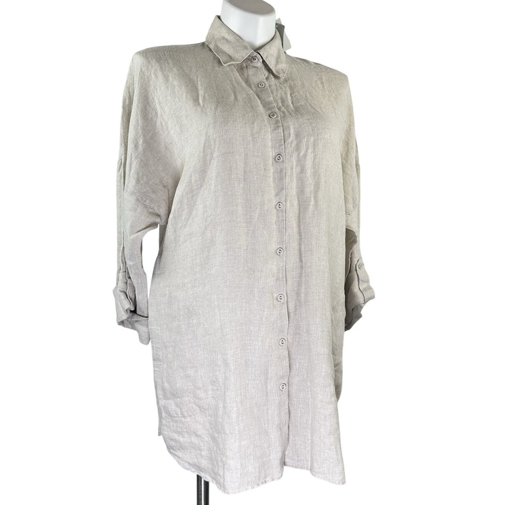 NWT Chico's 100% Linen Beige Button Up Tunic Long Sleeve Pockets Women's 3 US XL